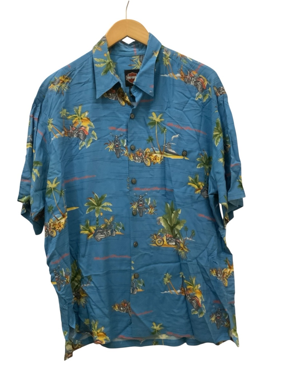 Vintage Harley-Davidson Blue Tropical Motorcycle Print Camp Shirt SZ LARGE